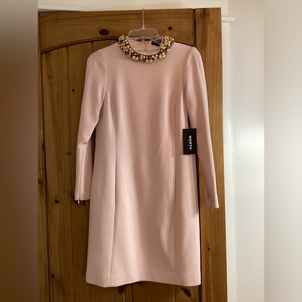 Worth Blush Pink Long Sleeve Dress with Beaded Collar